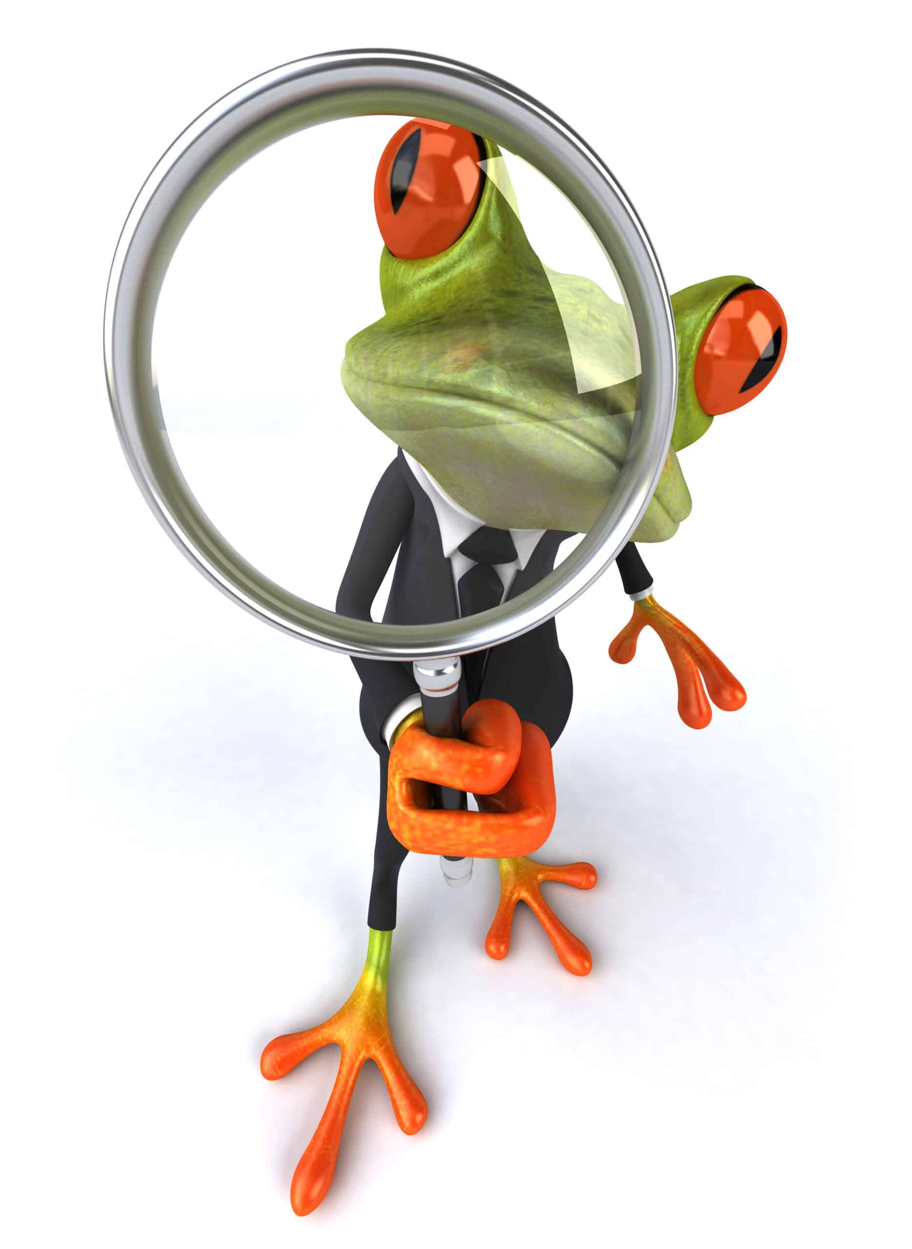 frankie from frog redi financial resources looking through a magnifying glass