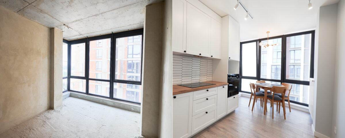 Comparison of old apartment and new flat with modern interior, parquet floor, table, chairs and white walls. Concept of home renovation. Empty room with large window before and after restoration.